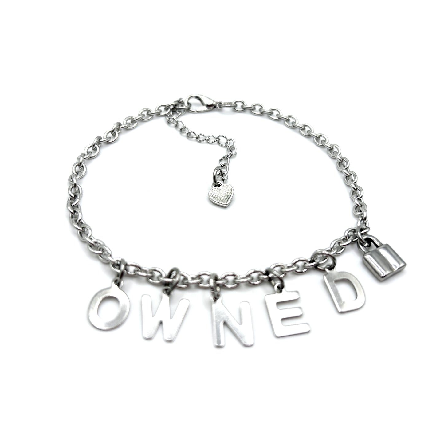Silver chain bracelet with 'OWNED U' charms on a white background