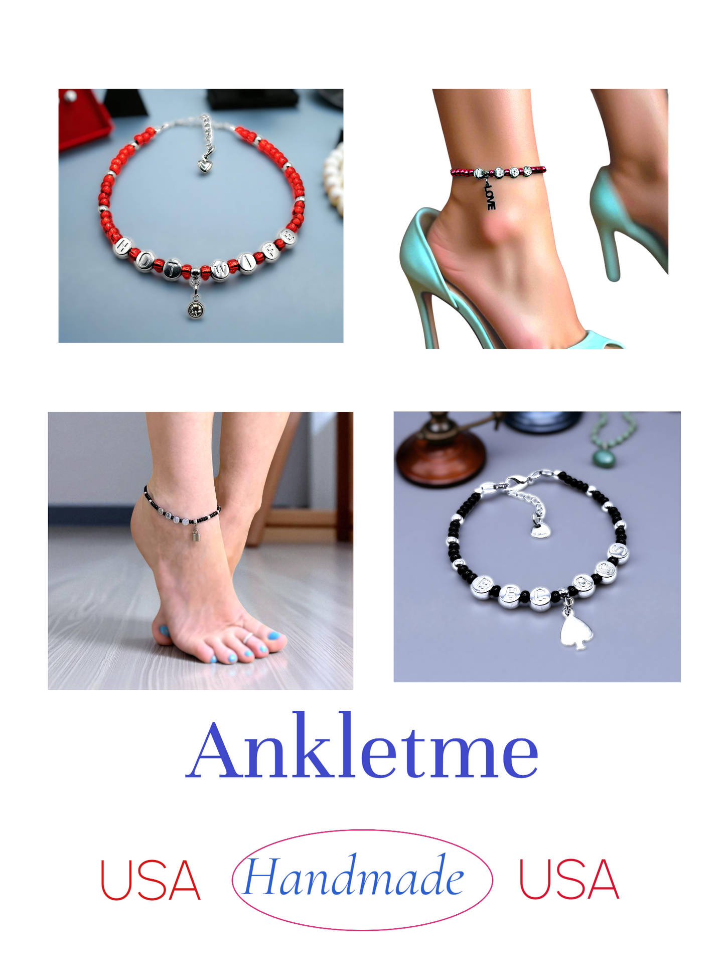 Collage of anklets with 'Ankletme' branding and 'USA Handmade' text.