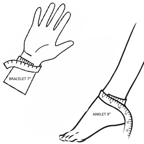 Illustration showing measurement of bracelet on wrist and anklet on ankle.