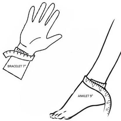Illustration showing measurement of bracelet on wrist and anklet on ankle.